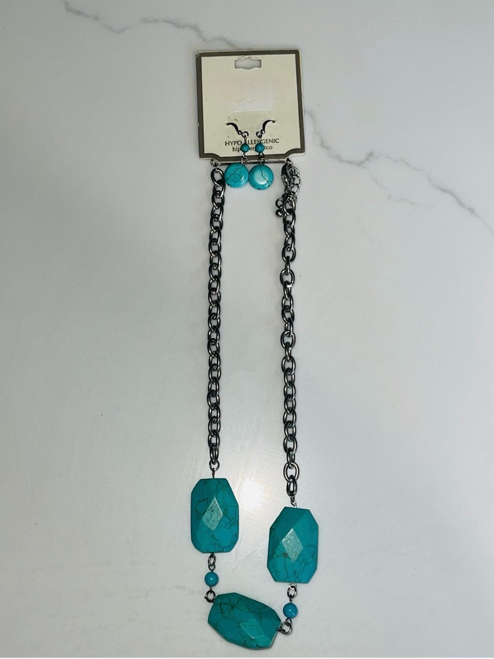 Turquoise Stone Pendant Necklace and Earring Set - Teal Blue Chain Jewelry